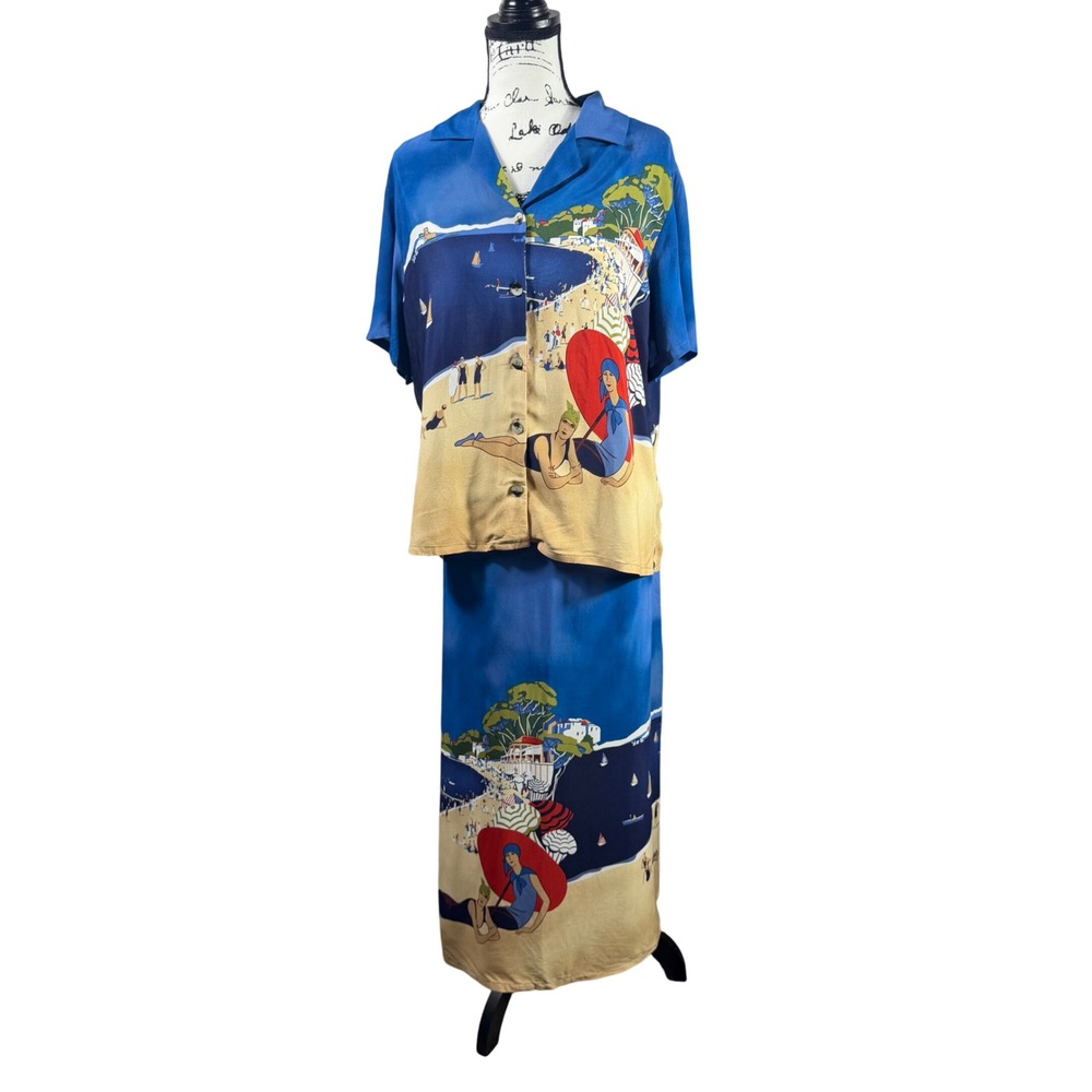 Melrose Studio 2 Piece Beach Print Shirt Maxi Skirt Set Women's L Rayon